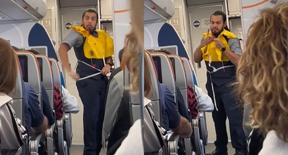 Asistente de vuelo hace divertida demostración de seguridad y se hace viral