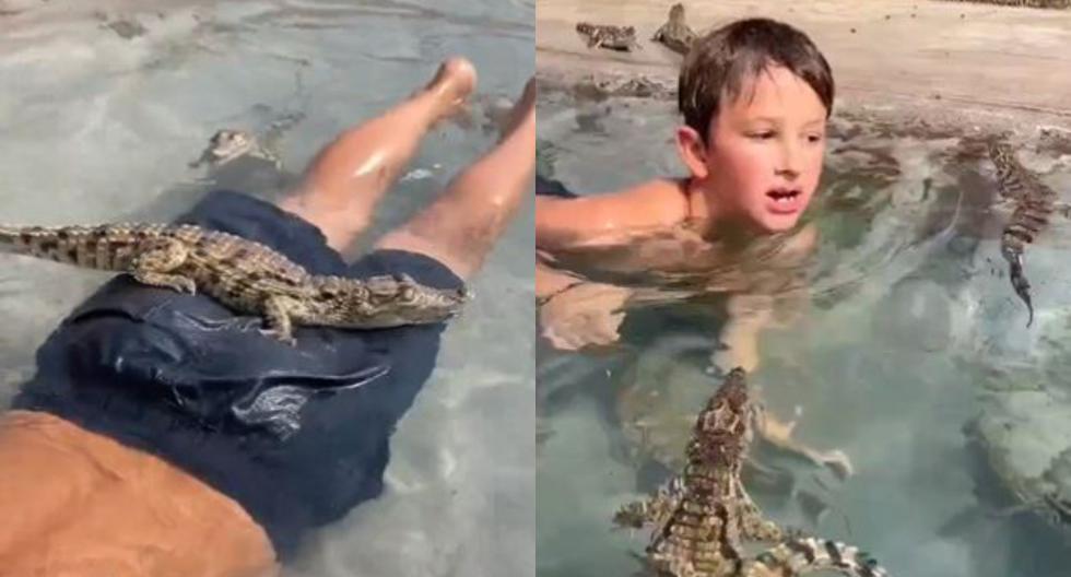 Niño paraliza a todos por nadar sin miedo en piscina repleta de hambrientos cocodrilos
