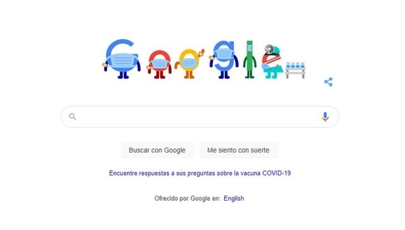 Google recomendó el uso del tapabocas con un doodle que llama a la vacunación y a respetar las medidas sanitarias (Foto: Captura/Google)