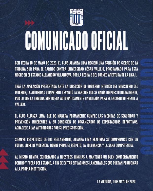 El comunicado de Alianza Lima en sus redes sociales. (Foto: Twitter)