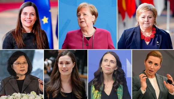 Katrín Jakobsdóttir, Angela Merkel, Erna Solberg, Tsai Ing-wen, Sanna Marin, Jacinta Ardent y Mette Frederiksen