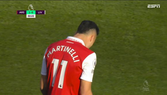 Gabriel Martinelli puso el 1-0 del Arsenal vs. Liverpool por la Premier League. (Foto: Captura de ESPN)
