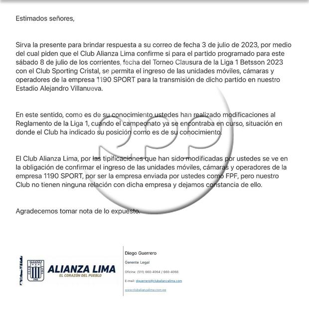 El comunicado de Alianza Lima. (Foto: Twitter)