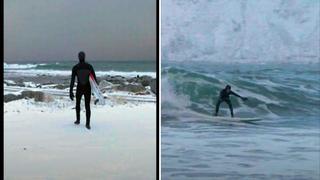 Surfistas disfrutan de la ola perfecta a temperaturas bajo cero