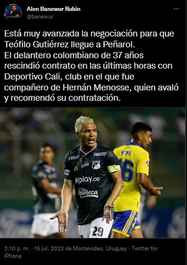 Desde Uruguay informan que 'Teo' Gutiérrez ya habría cerrado con Peñarol. (Foto: Captura de Twitter)