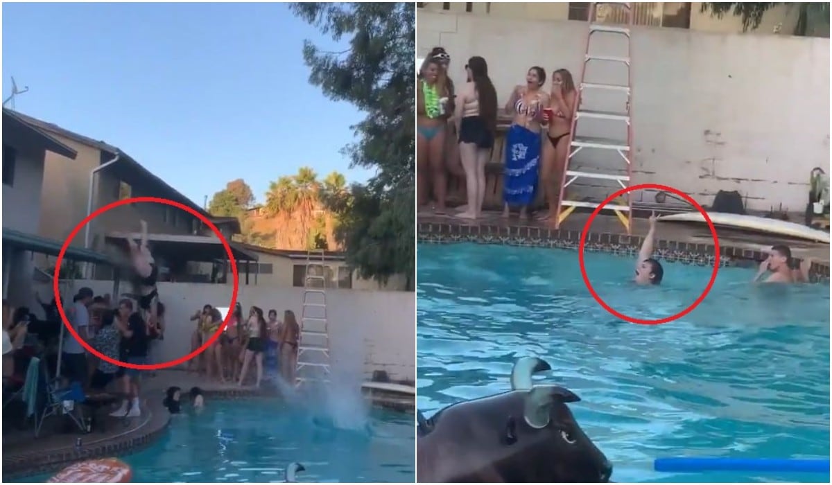 Mujer se lanza a piscina desde el techo, sufre aparatoso accidente y hace como si no pasara nada. (Captura/Twitter)