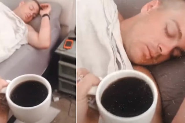 Foto 1 de 3 | La mujer le preparó una taza de café a su esposo y la puso cerca de él para que se despertara con el aroma. | Foto: ViralHog en YouTube. (Desliza hacia la izquierda para ver más fotos)