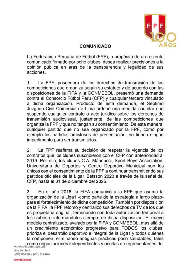 Comunicado de la FPF a Alianza Lima, Universitario y otros seis clubes. (Imagen: FPF)