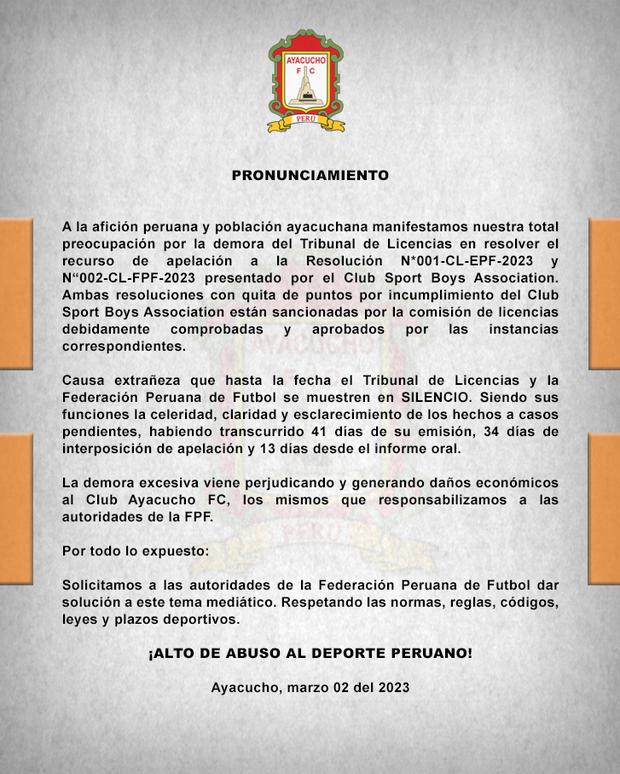 Ayacucho FC evidenció su malestar con el Tribunal de Licencias de la FPF. (Imagen: Ayacucho FC)