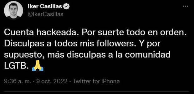 Iker Casillas reveló que su cuenta de Twitter fue hackeada. (Foto: Captura de Twitter)