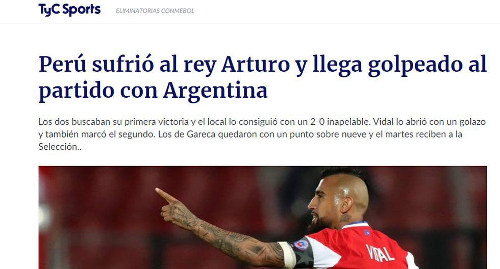 TyC Sports (Argentina) - "Perú sufrió al Rey", fue el titular que encontraron los argentinos para explicar lo que fue el duelo entre la bicolor y Chile. (Captura)