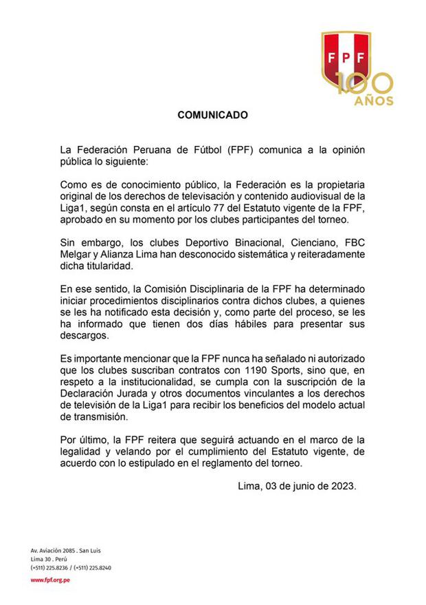 Comunicado de la FPF para Alianza Lima, Cienciano, Deportivo Binacional y Melgar.