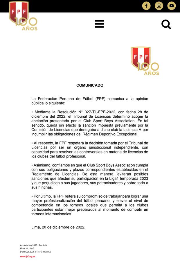 El comunicado de la Federación Peruana de Fútbol. (Foto: FPF)
