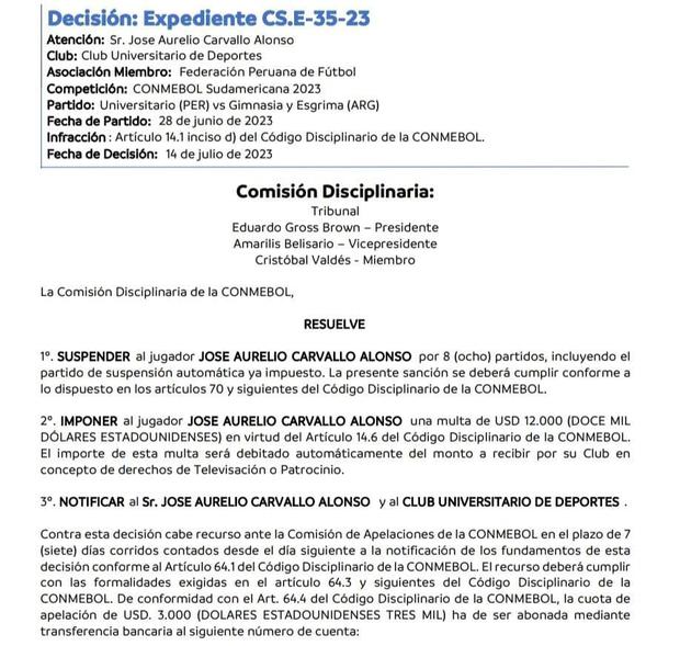 José Carvallo recibió una drástica sanción. (Imagen: CONMEBOL)