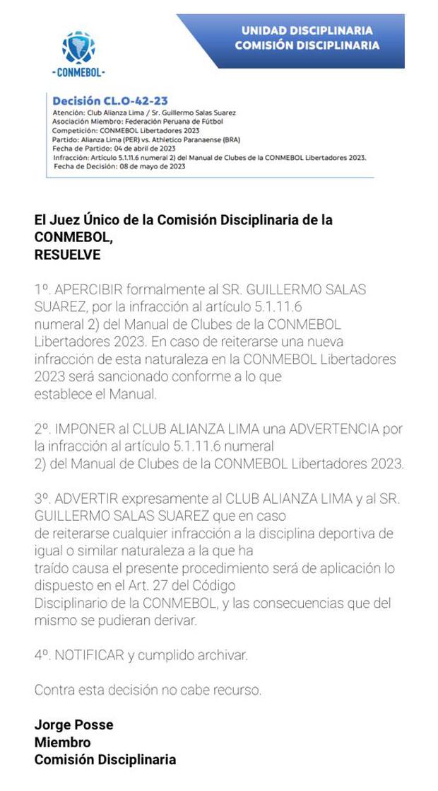 Resolución de la Conmebol tras retraso en la salida de Guillermo Salas en duelo ante Paranaense. (Foto: Conmebol)