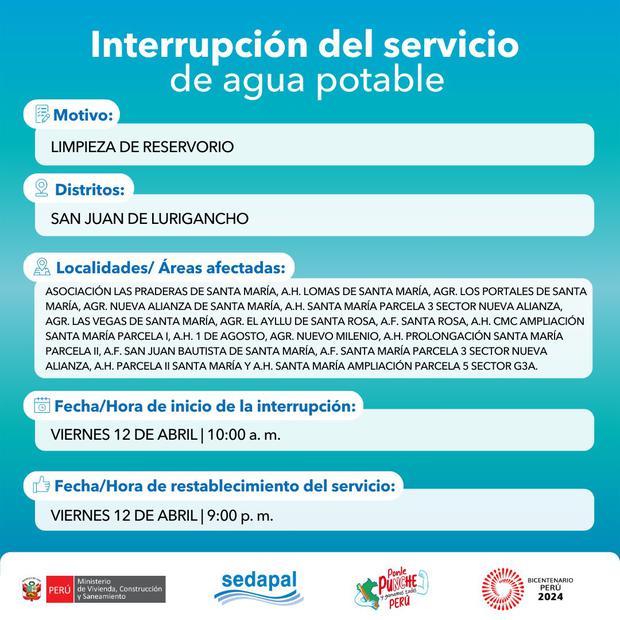 Sedapal anunci las zonas de Lima Metropolitana que no contarn con servicio de agua este 12 de abril. (Foto: Sedapal)