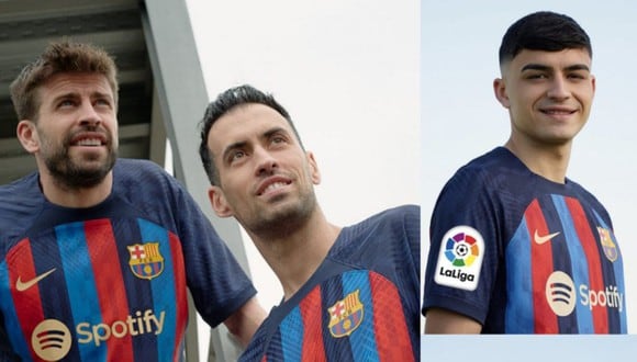 La nueva camiseta del Barcelona con los logos de Spotify, nuevo auspiciador del club. (FC Barcelona)