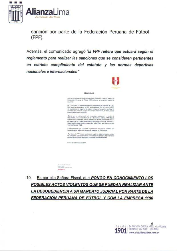 El oficio que emitió Alianza Lima a la Junta de Fiscales Supremos. (Foto: Alianza Lima)