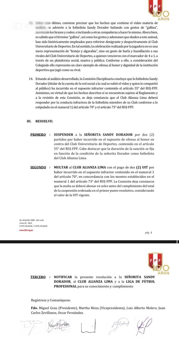 La Resolución de la Comisión Disciplinaria de la FPF. (Foto: FPF)