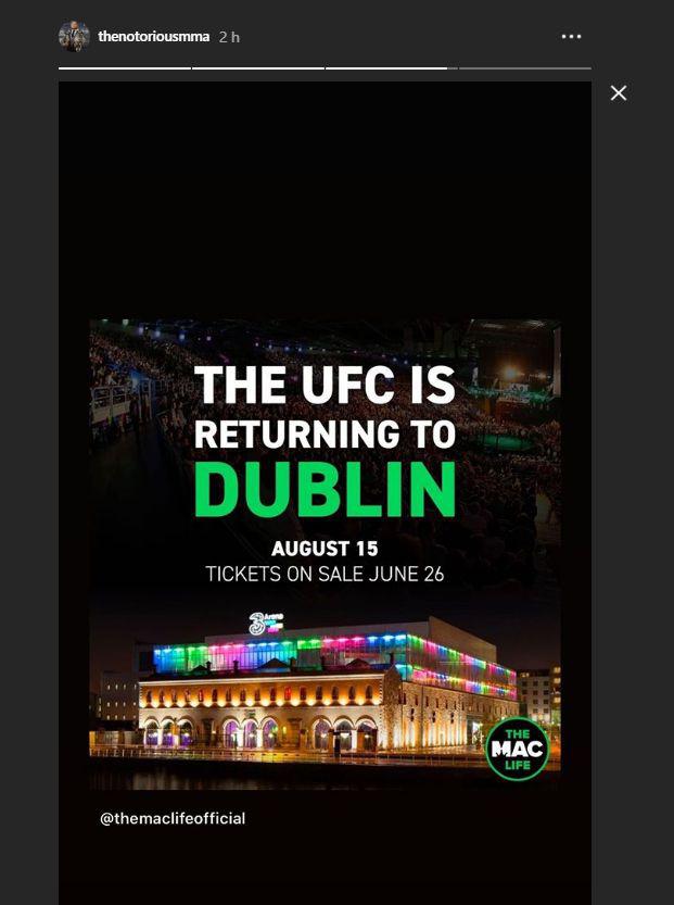 Conor McGregor compartió la noticia de la vuelta de UFC a Irlanda. (Instagram)