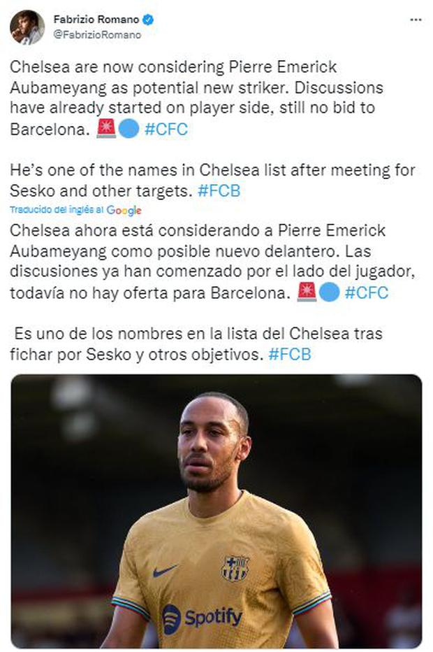 Actualización de Fabrizio Romano sobre el interés del Chelsea en Aubameyang.