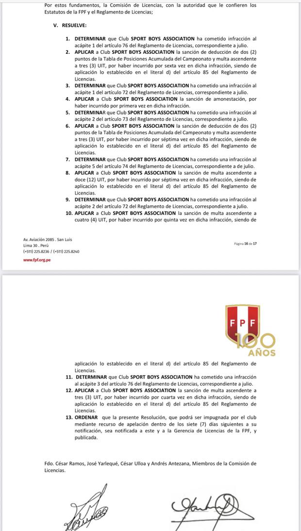 La resolución de la Federación Peruana de Fútbol (FPF).