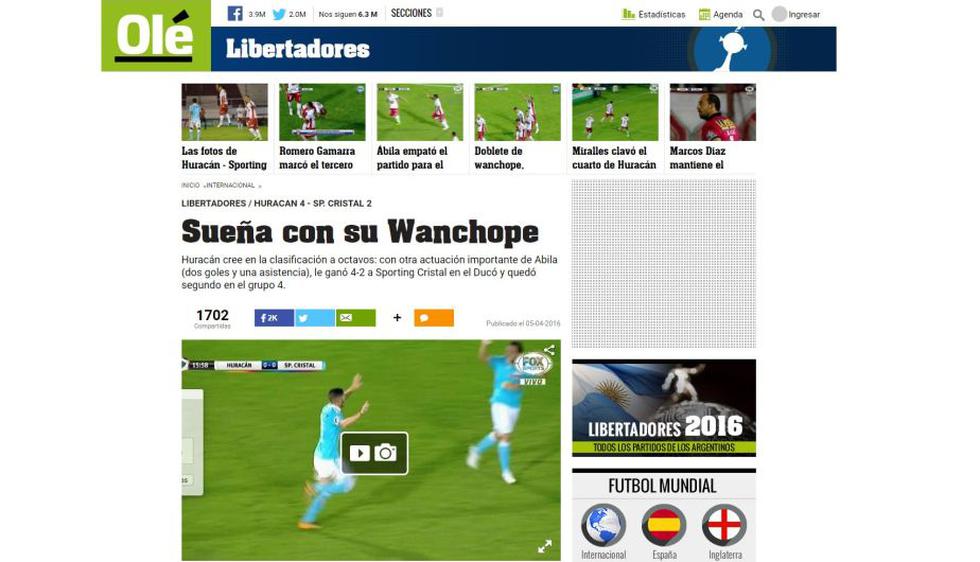 Huracán 2-4 Sporting Cristal: Diario Olé. &quot;Sueña con su Wanchope&quot; .