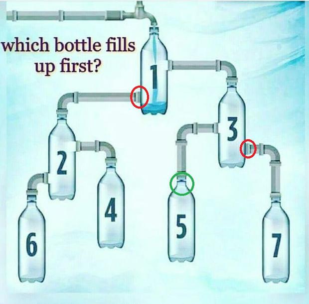 The answer to the riddle is that the water coming down from bottle number 1 will fill bottle number 5 first, since the pipes connecting bottle number 2 and bottle number 7 are blocked.  (Photo: jagranjosh)