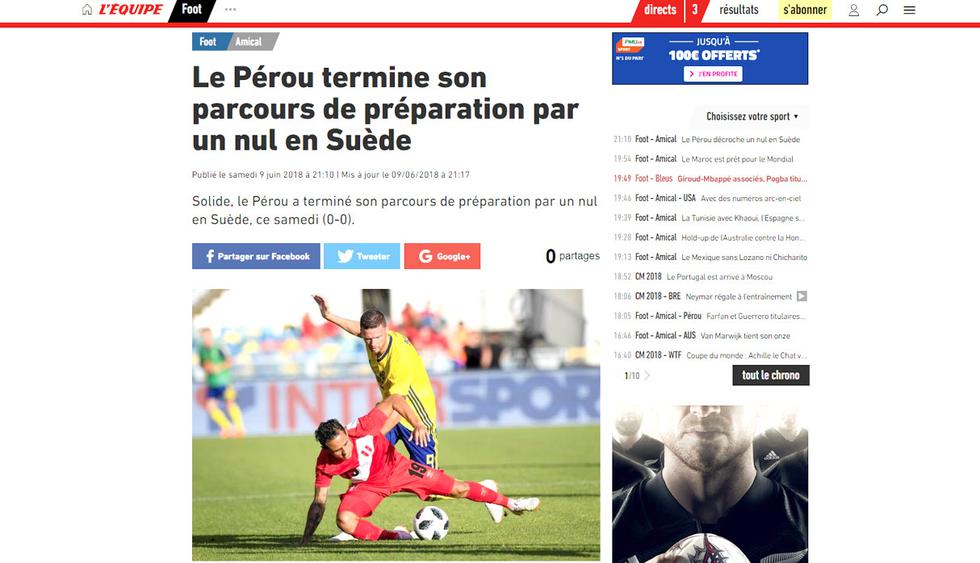Perú vs. Suecia: así informó la prensa internacional sobre el empate de la bicolor previo a Rusia 2018