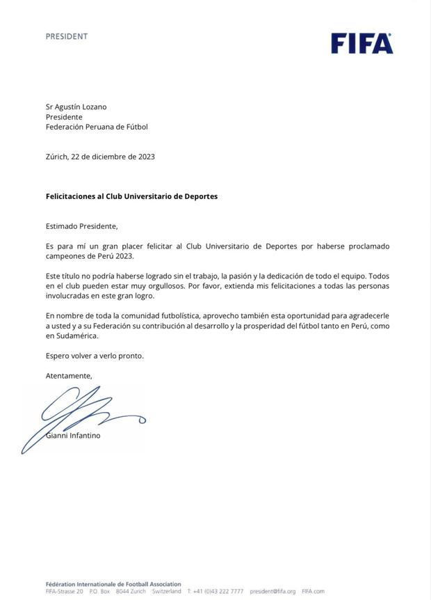 El mensaje de Gianni Infantino para Universitario de Deportes.