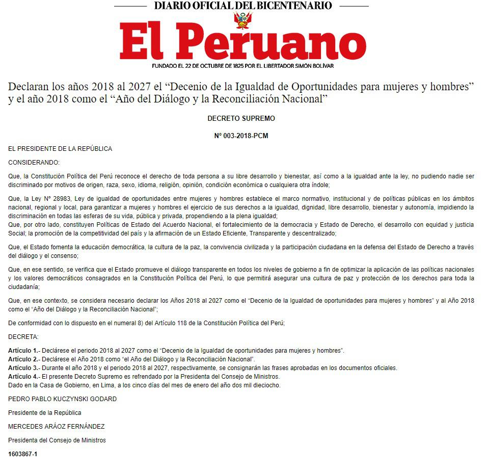 Decreto de los años 2018 al 2027 como el "decenio de igualdad de oportunidades para hombres y mujeres (Foto: Twitter)