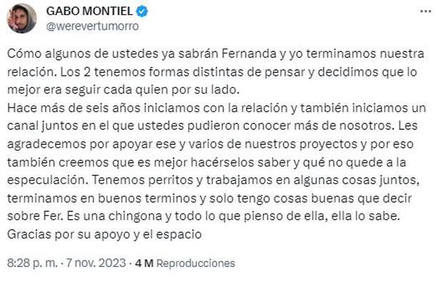 Gabo Montiel publicó este mensaje confirmando el final de su relación con Fernanda Blaz (Foto: Wervertumorro / Twitter)