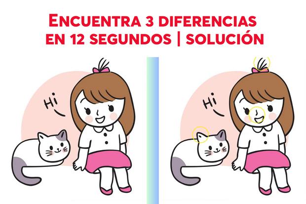 VISUAL CHALLENGE |  The three differences between the two images of the girl and the kitten are circled in yellow.