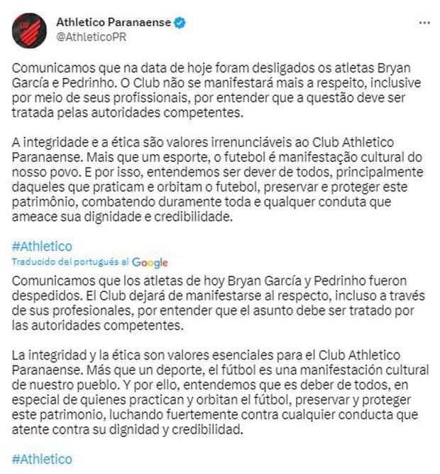 El comunicado de Paranaense en sus redes sociales. (Foto: Twitter)