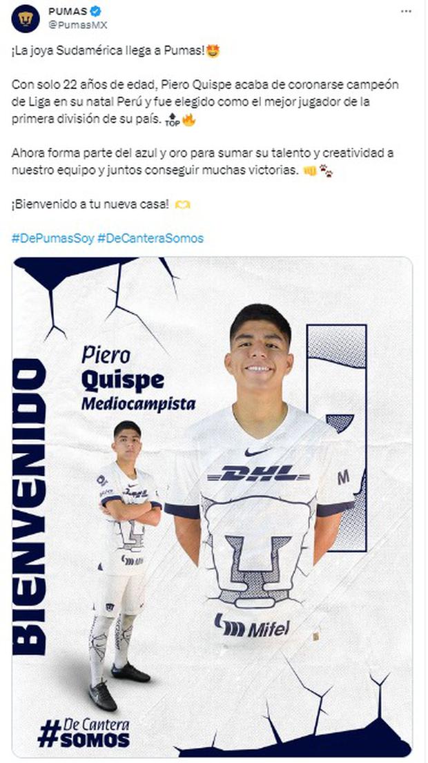 Quispe es nuevo jugador de Pumas. (Foto: @PumasMX).