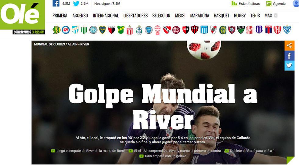 Olé, el diario deportivo más importante de Argentina, tituló así la eliminación de River Plate del Mundial de Clubes.