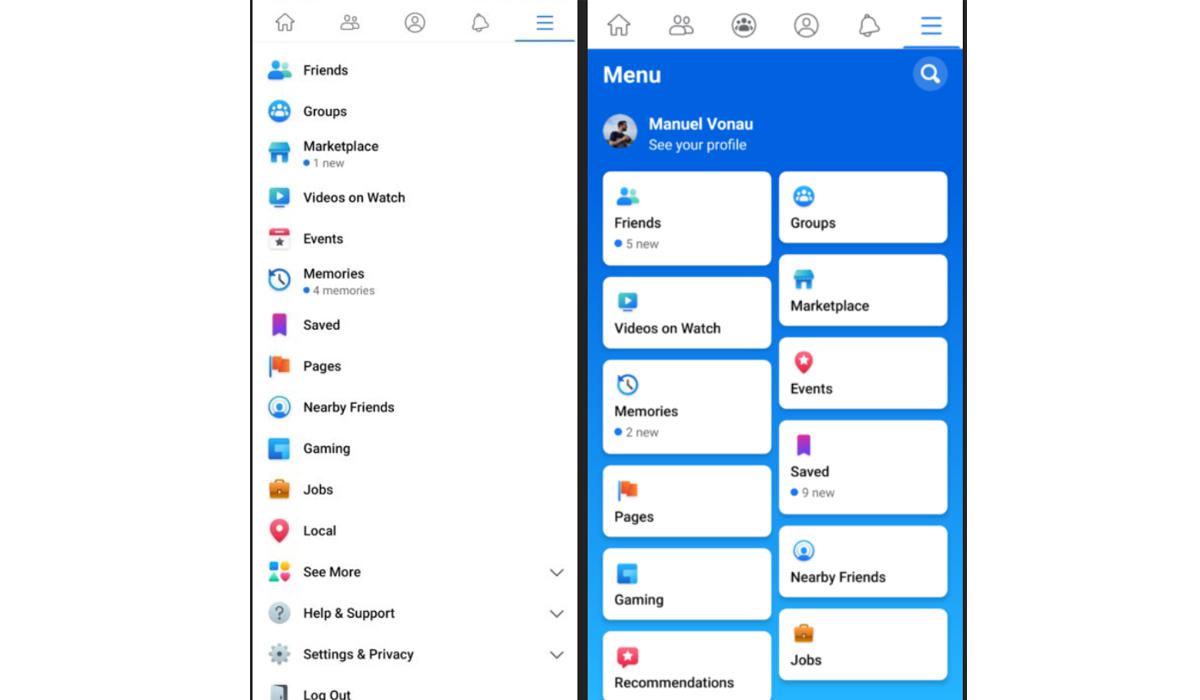 Así será el cambio del menú principal de Facebook el cual abandona el blanco para ser azul. (Foto: Android Police)