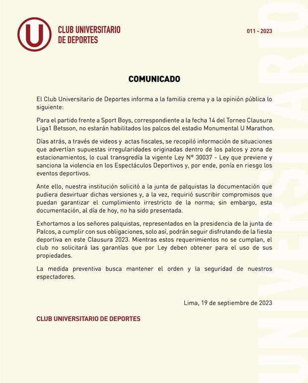 Universitario anunció que palcos estarán cerrados para partido con Sport Boys.