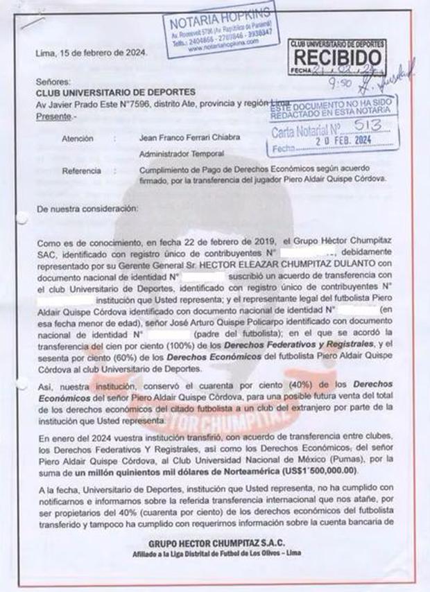 Carta notarial de la academia de Héctor Chumpitaz a la administración de Universitario, presidida por Jean Ferrari, por el caso de Piero Quispe.