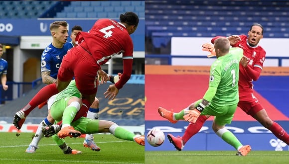 Virgil van Dijk recibió una dura falta por parte de Jordan Pickford en el duelo entre Liverpool y Everton.