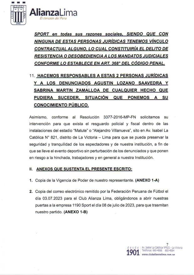 El oficio que emitió Alianza Lima a la Junta de Fiscales Supremos. (Foto: Alianza Lima)