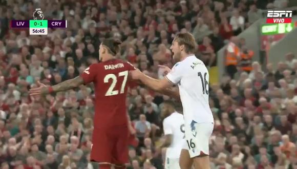 Joachim Andersen se encargó de desestabilizar a Darwin Núñez en el partido Liverpool vs Crystal Palace. (Foto: Captura ESPN)