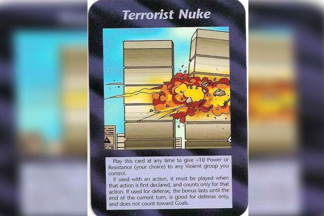 Otra de las cartas del juego de Steve Jackson fue la del atentado a las Torres Gemelas que ocurrió 6 años después de que lanzara esta versión. | Foto: SJ Games