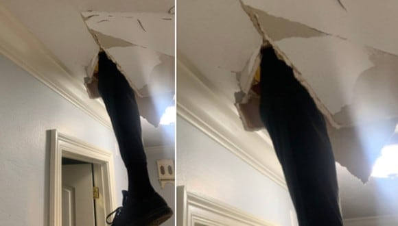 Un hombre quiso arreglar su casa por su propia cuenta para no contratar a profesionales y terminó con una pierna atravesando el techo. (Foto: @KMurryByrd / Twitter)