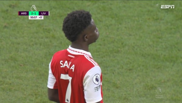 Bukayo Saka marcó el 2-1 del Arsenal vs. Liverpool. (Foto: Captura de ESPN)