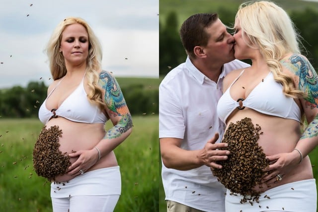 Foto 1 de 4: Esta sesión fotográfica de una embarazada con el vientre cubierto de abejas abrió el debate en Internet. Desliza hacia la derecha para saber más sobre esta historia. (Crédito: Outlaw Apiaries/Bethany Karulak-Baker en Facebook)