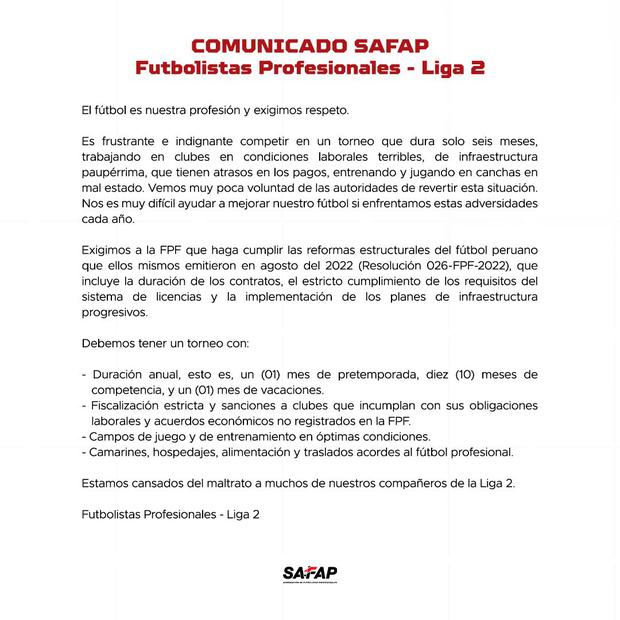 El comunicado de SAFAP en sus redes sociales. (Captura: Twitter)
