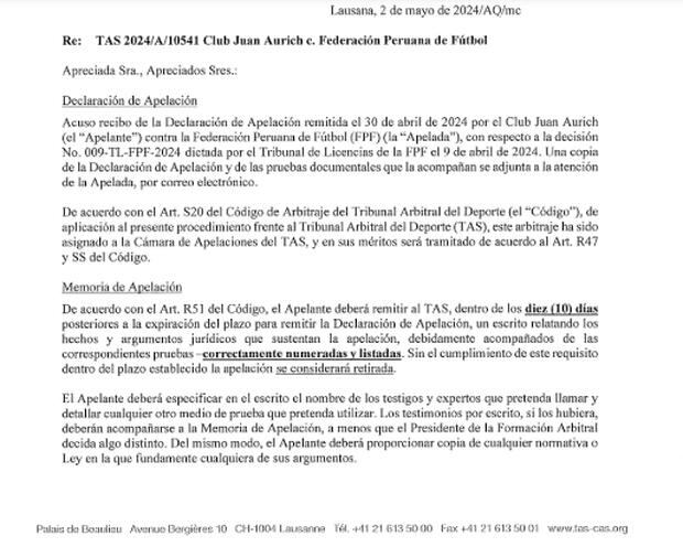Respuesta del TAS al trámite de medida cautelar presentado por Juan Aurich. (Imagen: TAS)