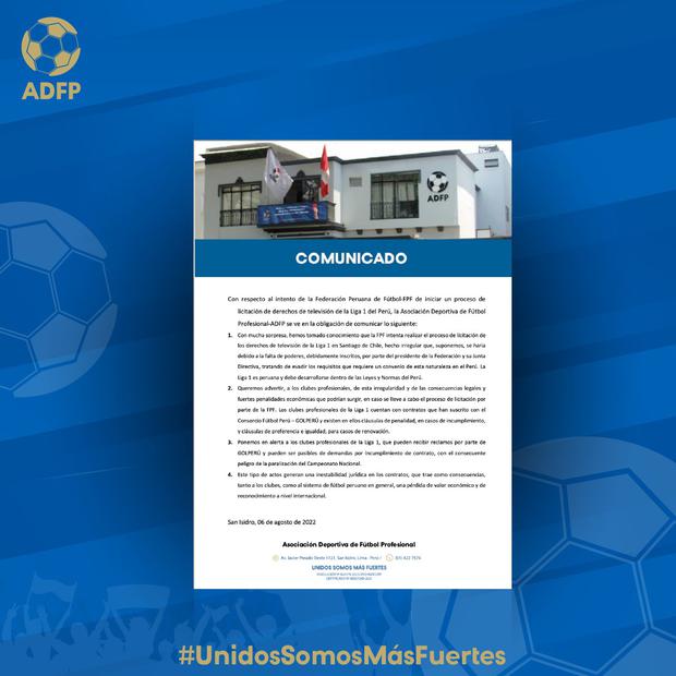 La postura de la Asociación Deportiva de Fútbol Profesional (ADFP) sobre la licitación de los derechos de transmisión.