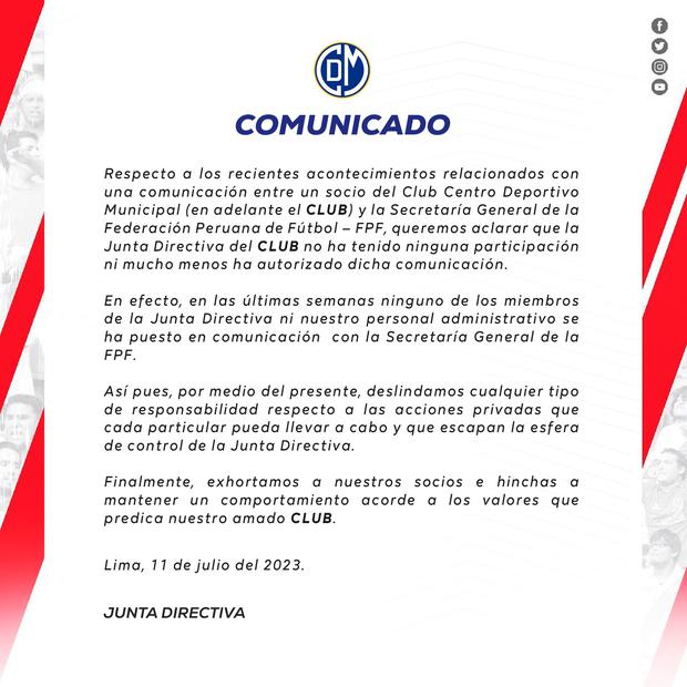 El comunicado de Deportivo Municipal en redes sociales. (Foto: Deportivo Municipal)